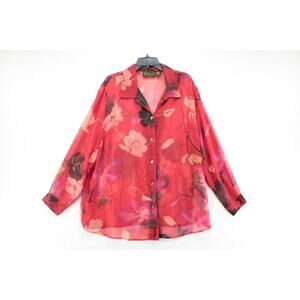 Alex Kim Sheer Long Sleeve Button Up Blouse Top Womens 1X Red Floral Sparkles